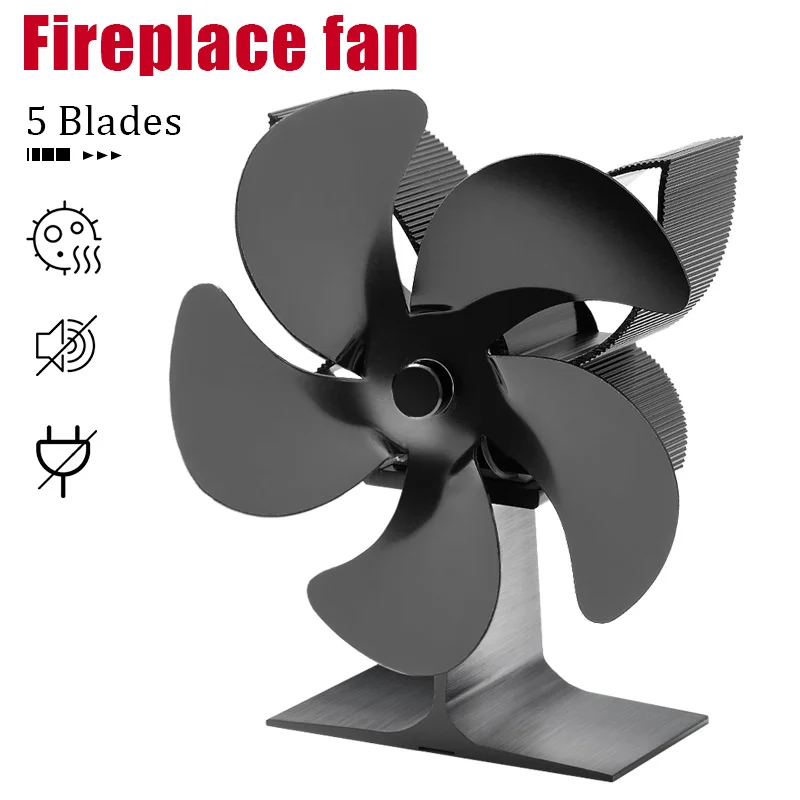 

Thermal Power Fireplace Stove Fan Heater 5Blades Black Fireplace Heating Fan Safe Home Fireplace Fan Efficient Heat Distribution