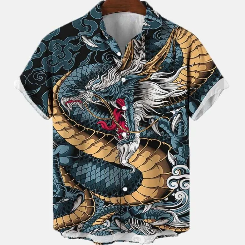 

Summer Men's Social Casual Vintage Floral Hawaiian Oversize Short Sleeve Shirt Street Luxury Dragon Pattern Element Clothing New