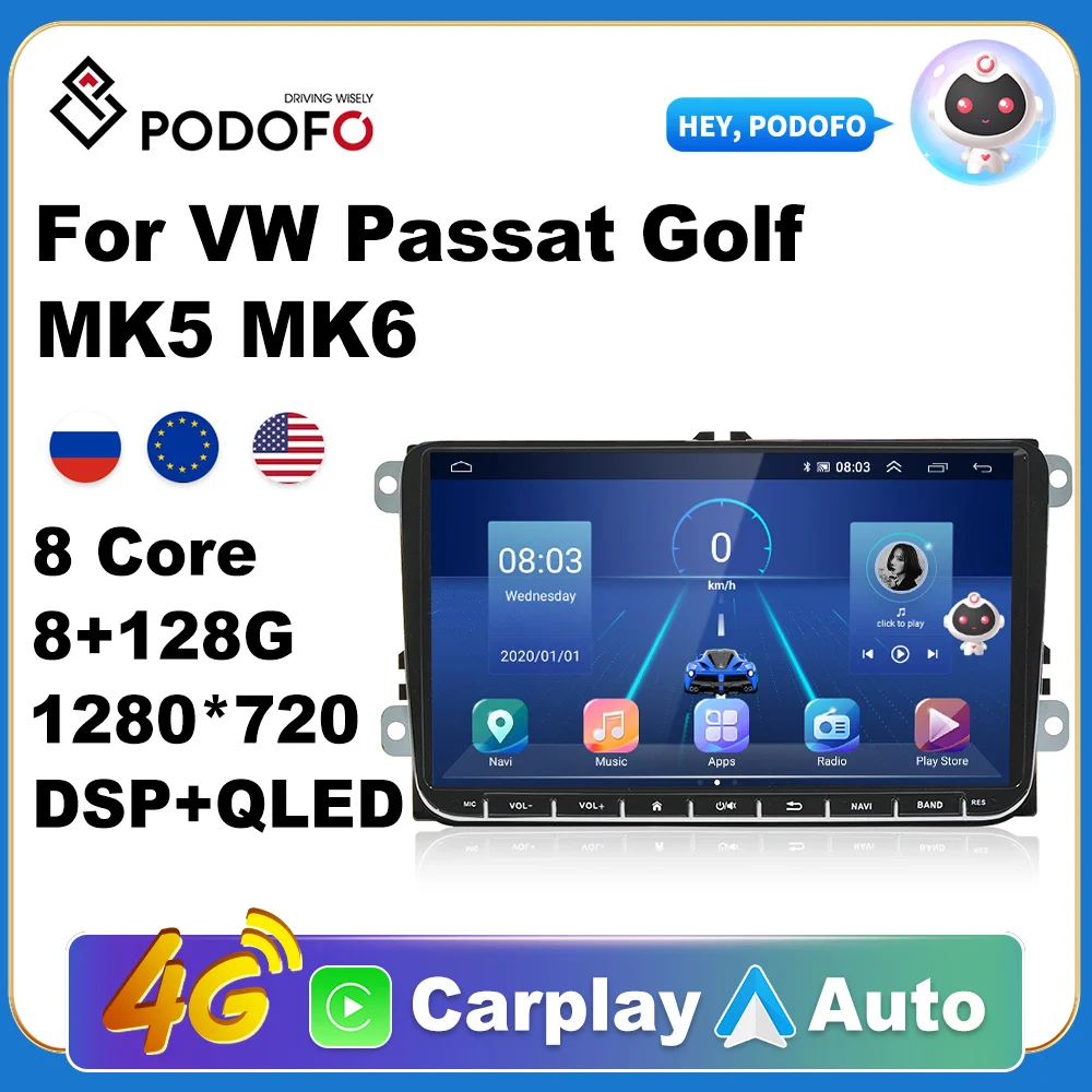 Купи Podofo 2 Din Android 10, 0 автомобильное радио 9 ''GPS с Carplay для VW/Volkswagen Passat Golf MK5 MK6 Jetta EOS POLO Touran Seat Sharan за 4,133 рублей в магазине AliExpress