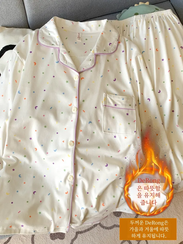 Sweet Plus size Pajamas Women Autumn and Winter Double-sided Sanding Dralon Girl Warm Homewear Two-piece Suit Can Be Worn out...