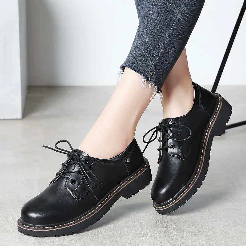 

Fashion Leather Women's Loafers Black Lace Up Lolita Shoes Women Casual Oxford Flats for Girls School Shoes Mary Jane Shoes