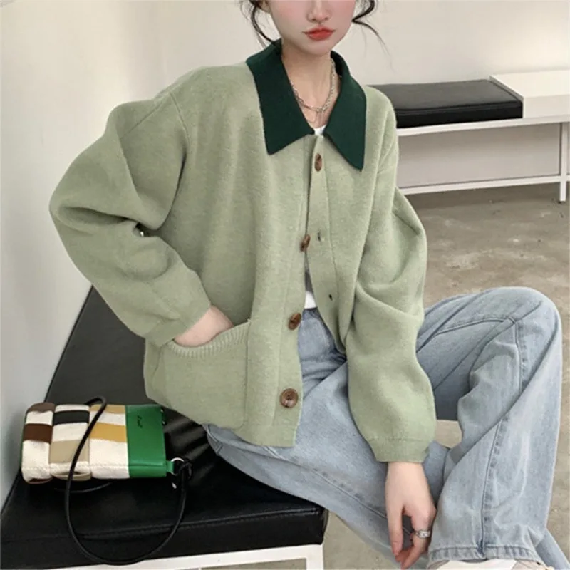 Ленивый универсальный свитер с воротником-поло контрастного цвета кардиган