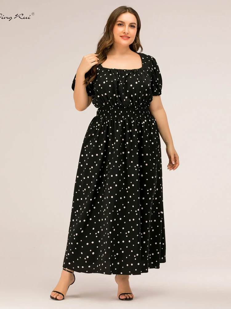 

Women Plus Size Sexy High Waist Puff Sleeve Dress Summer Fashion Black Square Neck Polka Dot Pleats Harajuku Party Maxi Dresses