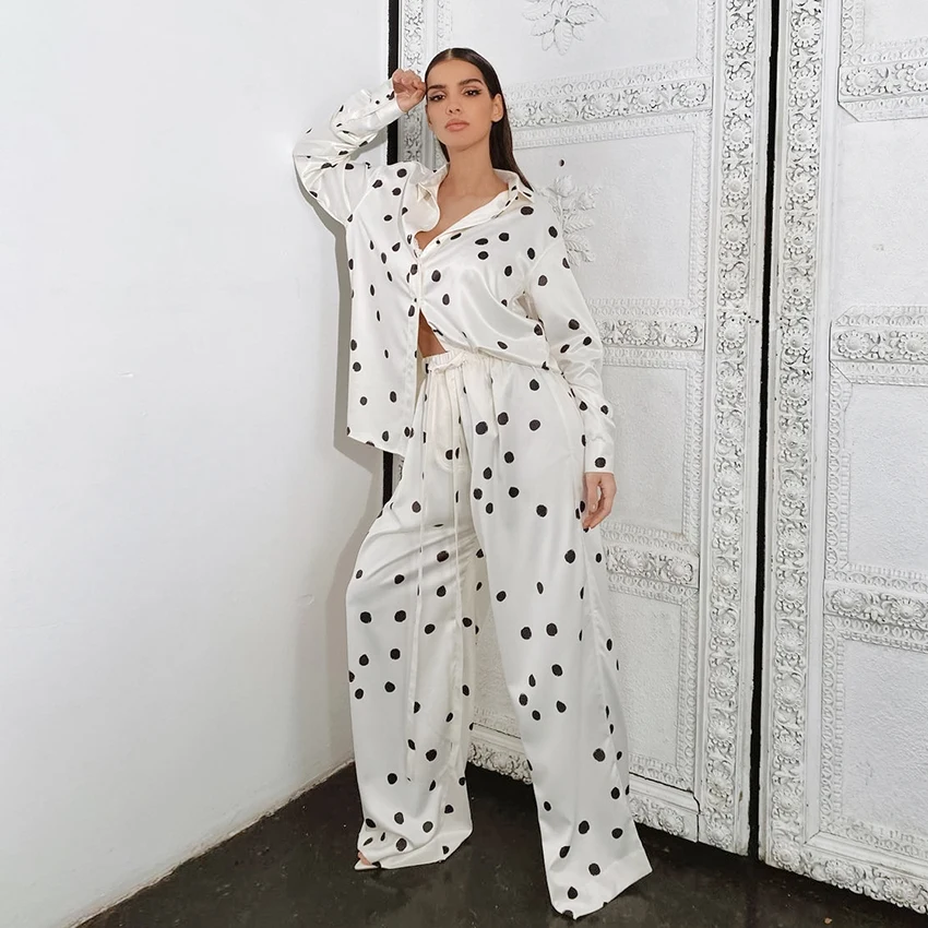 

Hiloc Polka Dot Satin Pajamas 2022 Sleepwear Women Sets With Pants Wide Leg Sets Womens Outfits Long Sleeves Female Set Spring