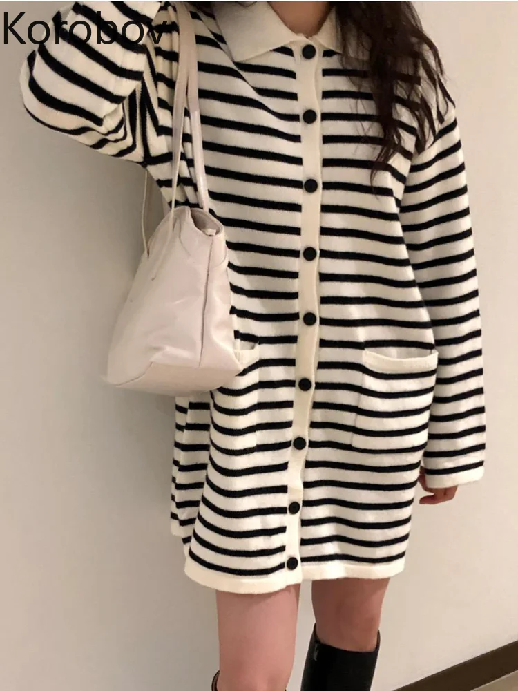 

Korobov Stripe South Korea Age Reduction Pocket Single Breasted Leisure Fashion Chic Knitting Dress Lapel Dresses for Women 2022