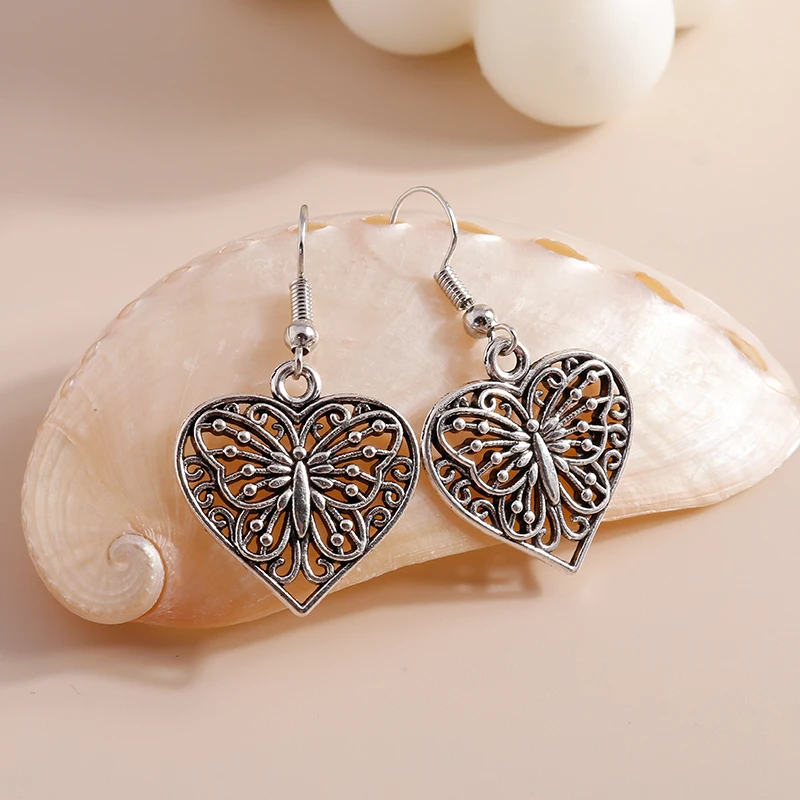 

New Bohemian Love Heart Drop Earrings for Women Vintage Silver Color Animal Butterfly Pendants Dangle Earrings Girls Party Gifts