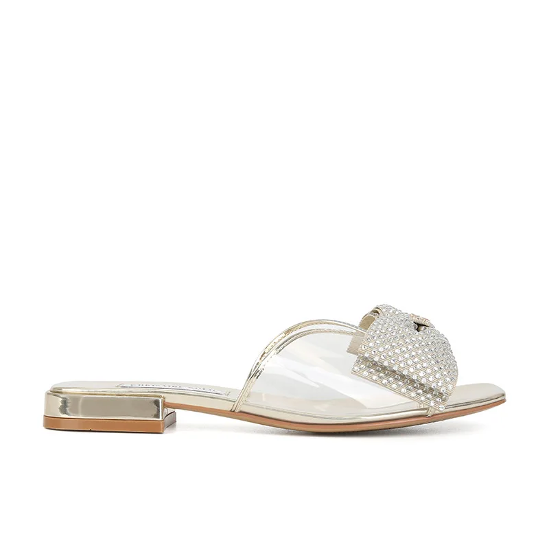 

Square Head Clear Pvc Slippers Women Rhinestone Set Bow Flat Sandals Summer Comfortable Low Heel Gentle Sweet Girl Flip Flops