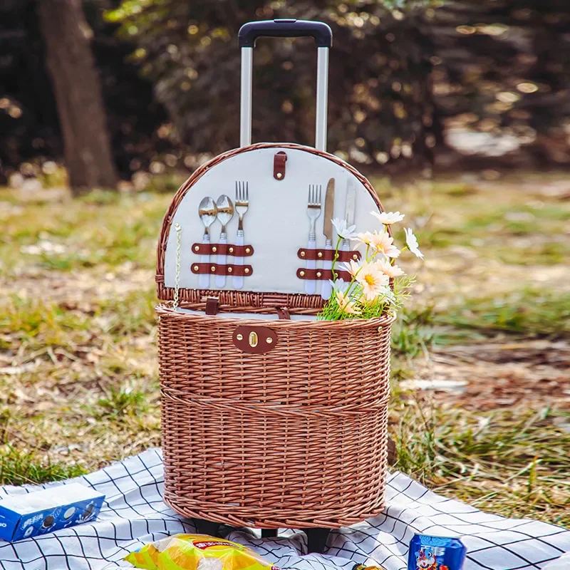 

Rattan Picnic Basket with Wheels Spring Outing Storage Basket Trolley-type Multi-functional Outdoor Dining Box