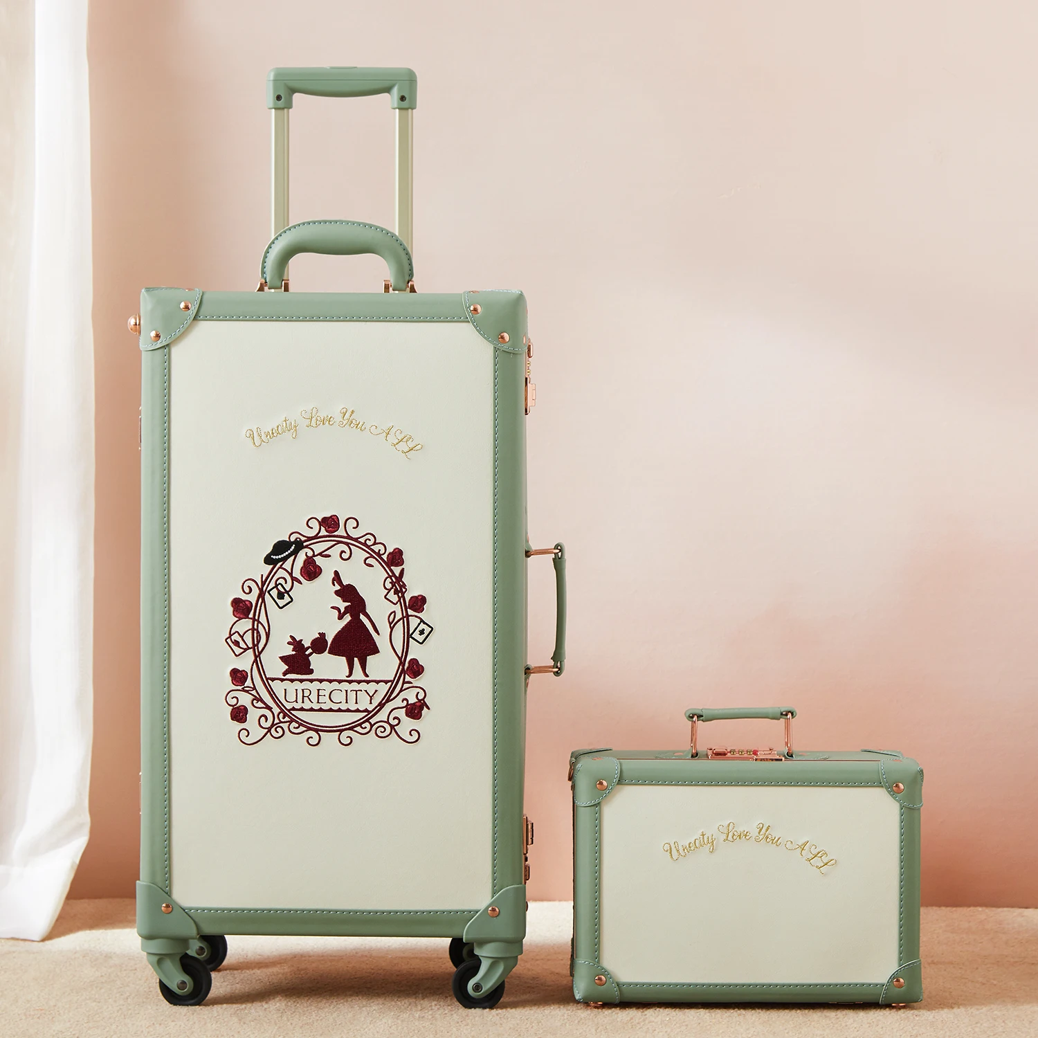 Urecity Embroidery Carry on Suitcase Sets for Women, New Designs Floral Luggage Set for Travel, 2 Pieces Trunk Trolley Baggage