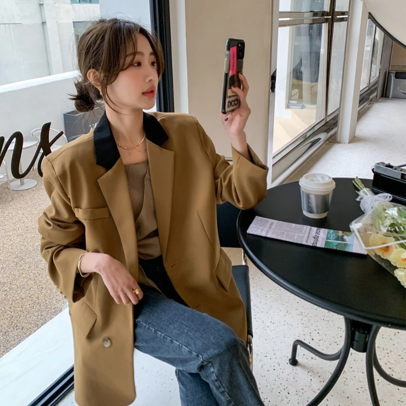 

Khaki Blazer Women Suit Coat Spring Womens Blazers Fashion Clothes Office Lady Korean Suits Blazer Loose Oversize Solid Spliced
