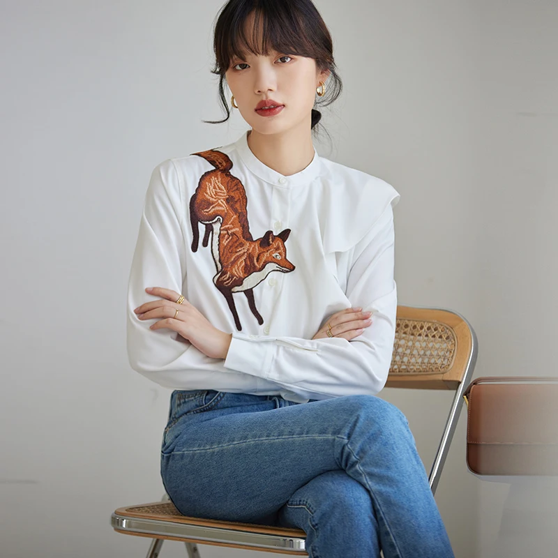 Korean Fashion Lady Ruffle Fox Embroidery Asymmetry Button Up Shirt Blouses Women Tops Female Girls Casual Long Sleeve Blouse 2