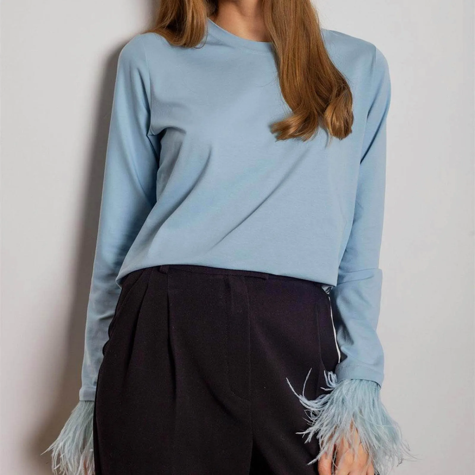 

Женская Однотонная рубашка с длинным рукавом и перьями, с круглым вырезом