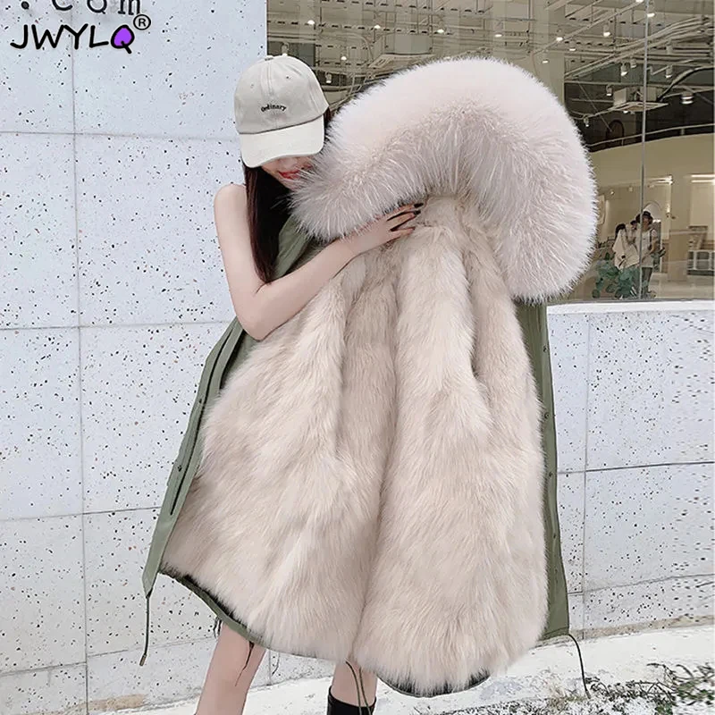 

Winter Thick Detachable Fox And Raccoon Fur Mid-length Coat Women High Quality Loose Hooded Warm Faux Fur Hem Knee-length Parkas
