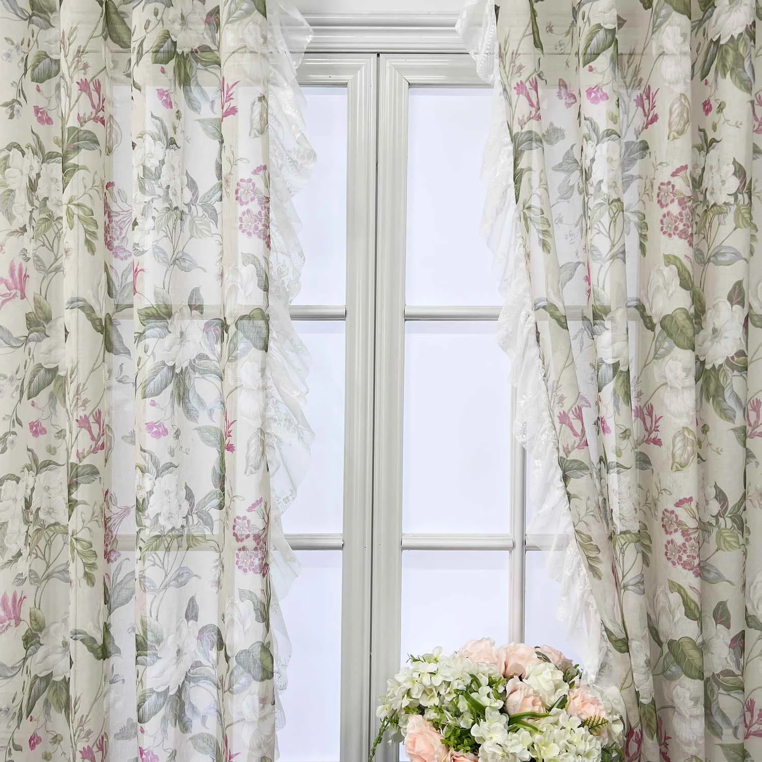 

French Rustic Flower Sheer Tulle Curtains Vintage Ruffle Voile Light Filtering Curtains for Living Room Bedroom Window Drapes