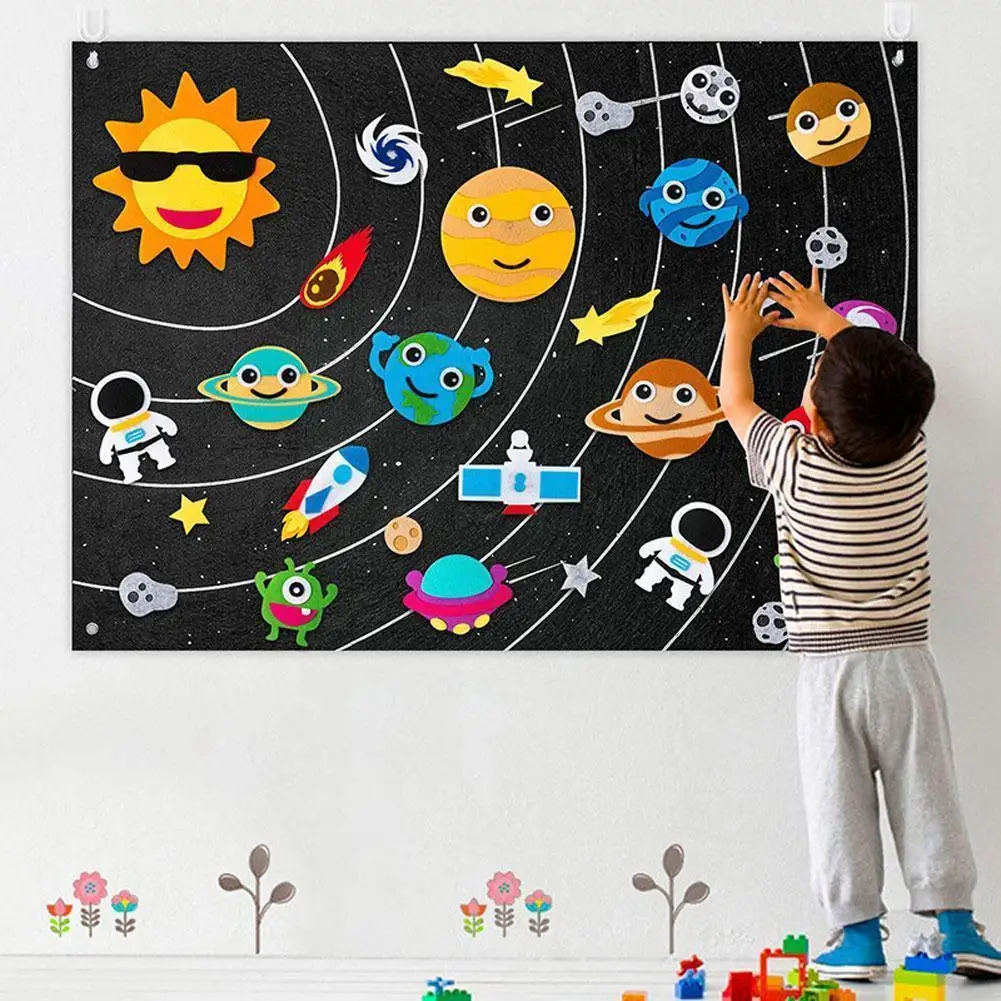 

Outer Space Felt Board Diy Material Cartoon Astronauts Solar System Spacecraft Toys Early Education Game Wall Ornament Y3v8