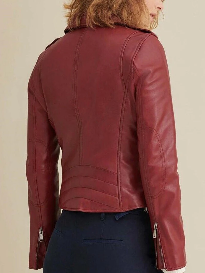 Women Leather Jacket Red Soft Real Leather Slim Fit Fashion Biker Polo Collar High-end Trench Coat