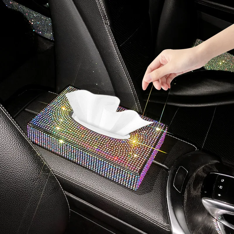 

Bling Crystal Pretty Accessories for Car Leather Napkins Holder Papers Boxes Interior Decor Woman's Car Armrest Type Tissue Box
