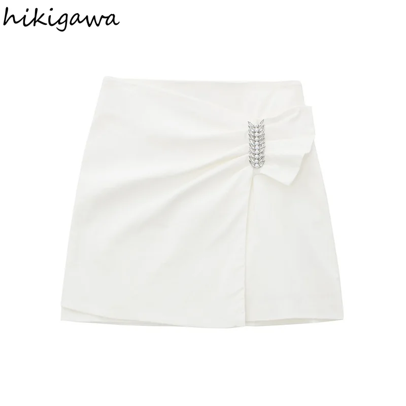 

Hikigawa Женская мода с пуговицами из искусственного жемчуга Асимметричные мини-юбки винтажные с высокой талией и боковой молнией белые женски...