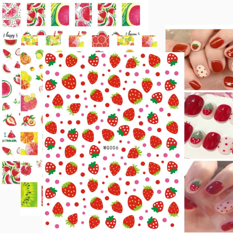 

Back Glue Nail Stickers Elegant Floral Summer Lemon Watermelon Strawberry Peach Avocado Nail Decal Stickers For Nail Tips