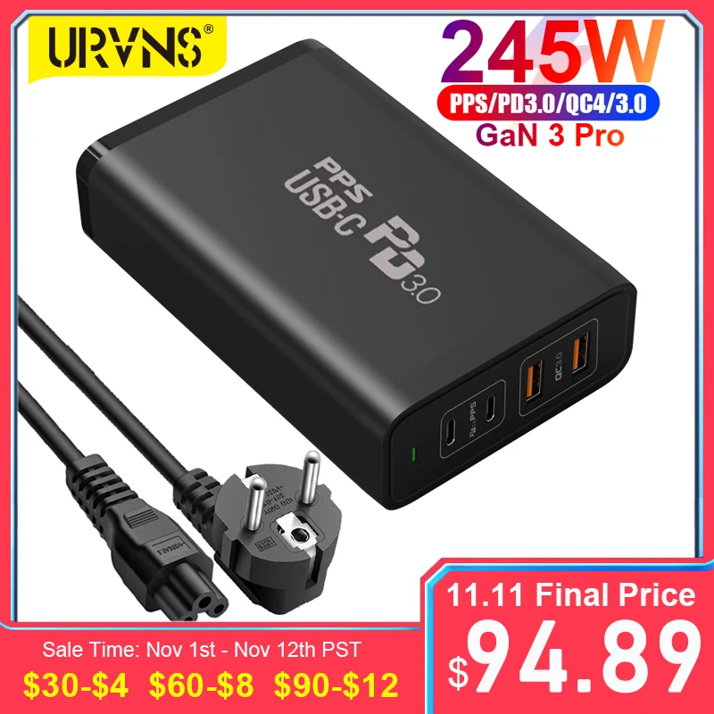 Ceny URVNS 4 Porty 245W Type-c Stacja ładująca GaN Tech USB C Zasilacz PD 100W PPS 65W 45W QC4.0 Na Telefon Komórkowy Tablet Na Laptopa