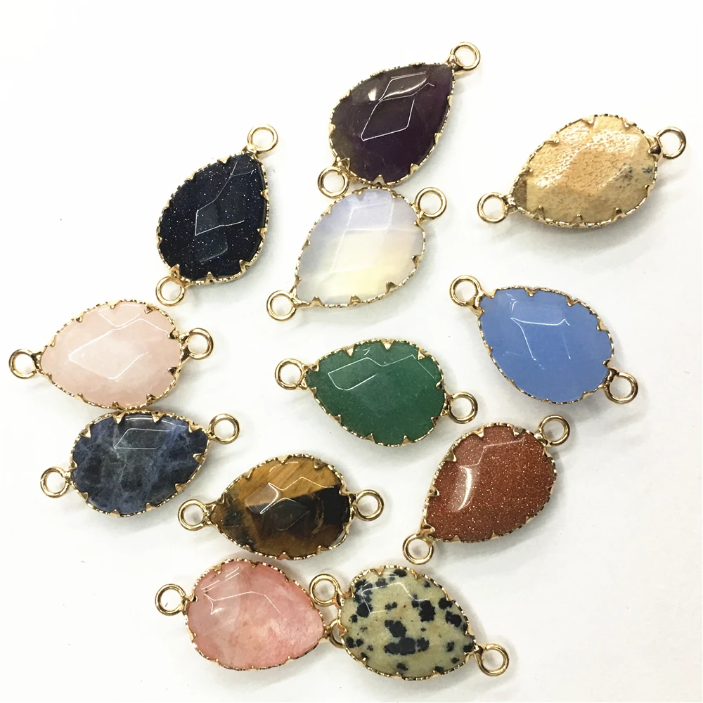 

12PCS Natural Amethysts Stone Section Charms Connector Opal Tiger Eye Water Drop Shape Gold Color Pendants for Jewelry Making
