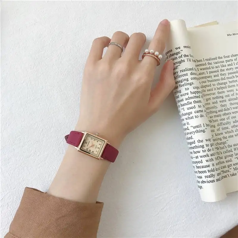 Часы женские квадратные со сверхтонким циферблатом с кожаным ремешком - купить