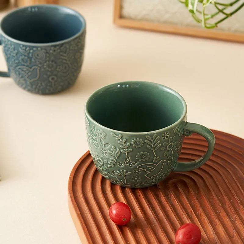 Керамические кофейные чашки QIEKE 500 мл винтажные зелёная синяя