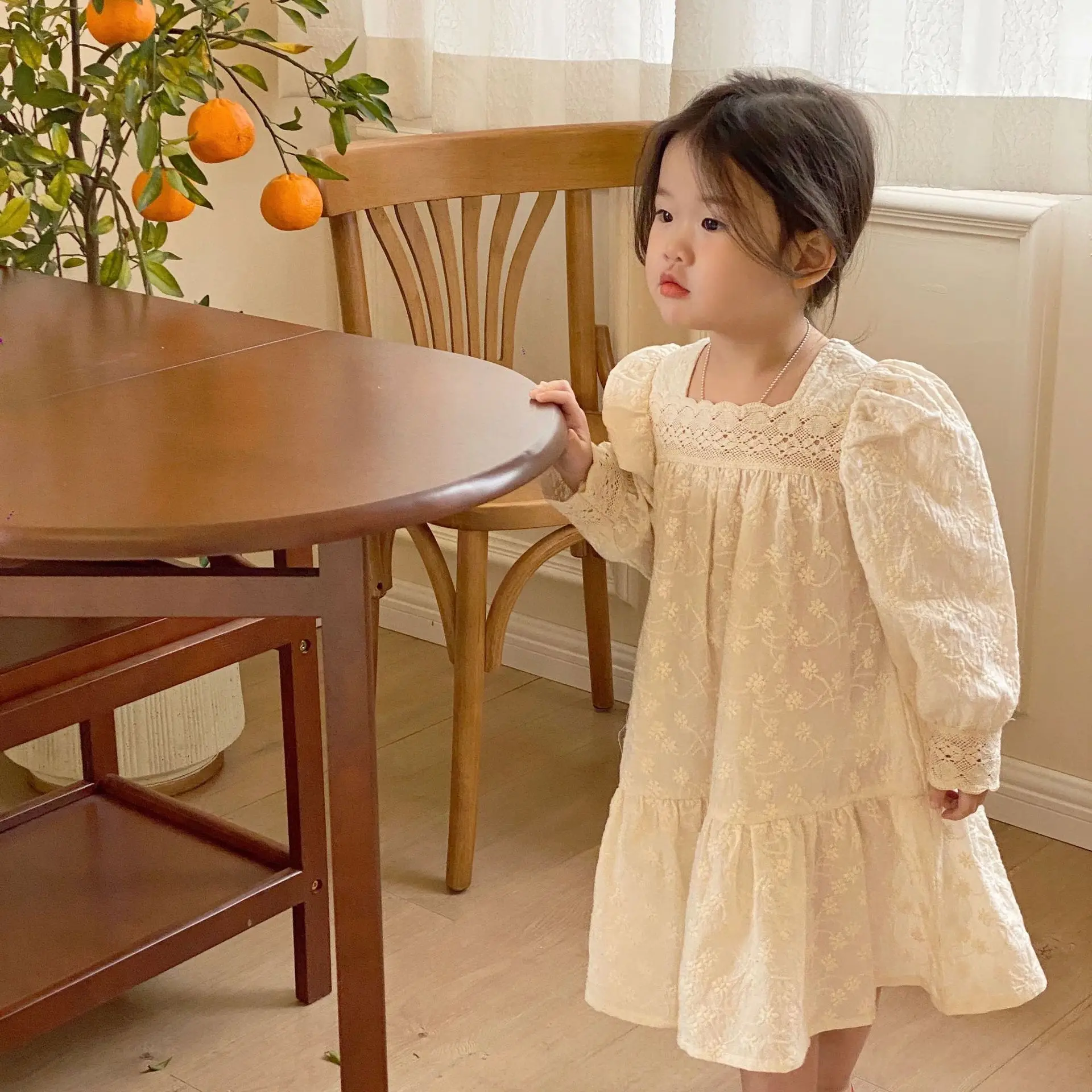 

Baby Girl Spanish Clothes 2022 Spring Kids Long Sleeve Girl Beige Dress Korean Children's Clothing Baptism Dresses For Baby Girl
