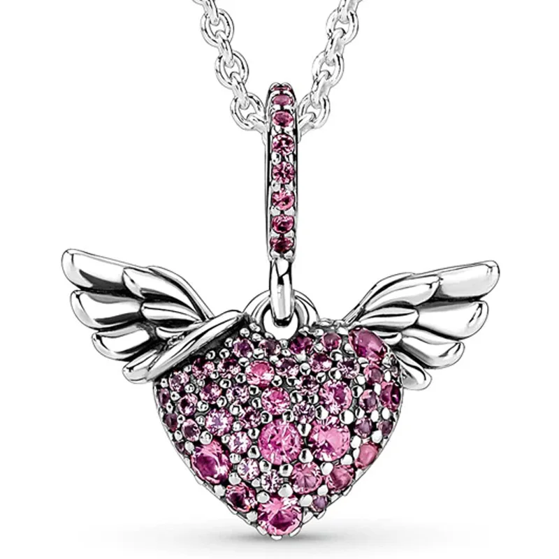 

Новое ожерелье из стерлингового серебра 925 пробы, сверкающее сердце и крылья ангела с ожерельем из красного кристалла, подвеска для украшен...