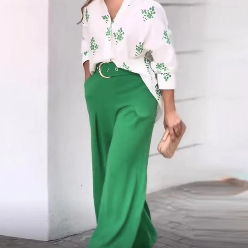 

Женский брючный костюм с принтом, Элегантная блузка и брюки с широкими штанинами, повседневный комплект из двух предметов, осень 2022
