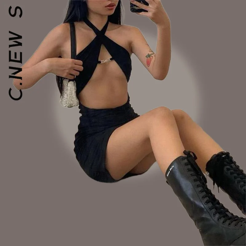 

C.New S Sexy Fashion Sleeveless Black Dress Holiday Backless Halter Sexy Cut-Out Women Mini Dresses Bodycon Club Clothes