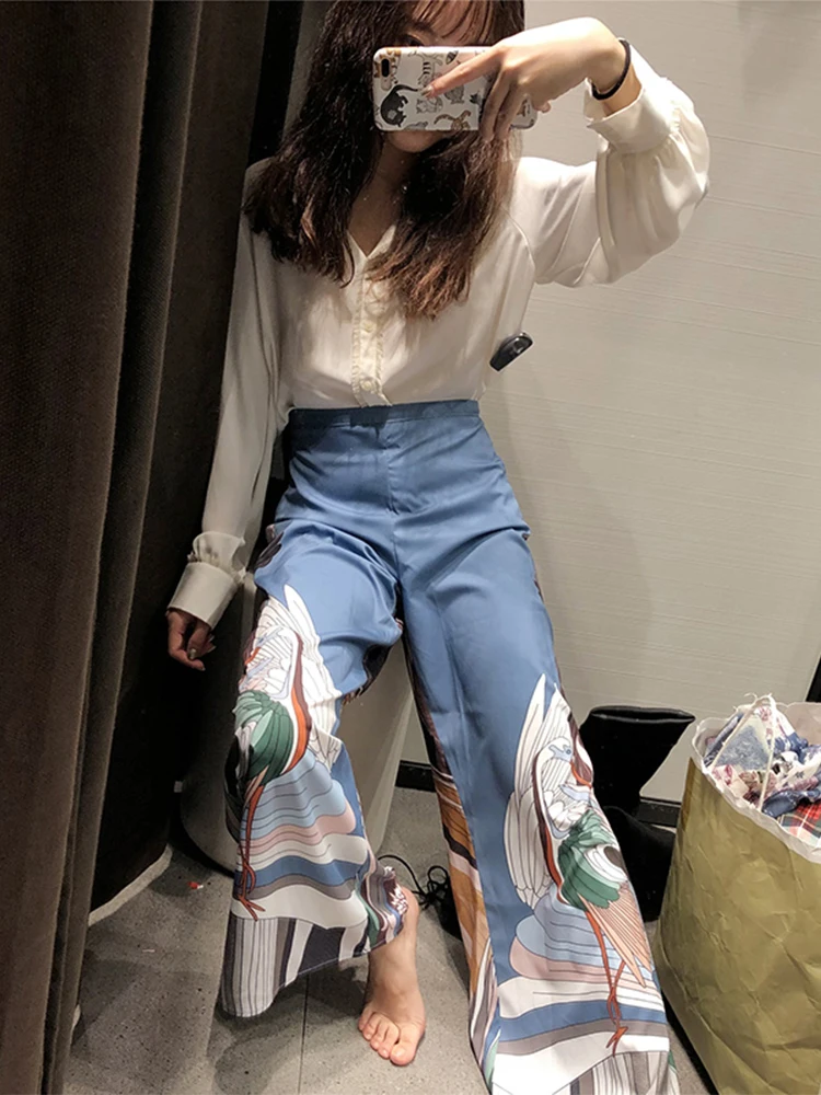 

CHEERART Japanese Wide Leg Pants Women Ukiyoe Print Summer Pants Loose Trousers Palazzo Pants Blue Clothing
