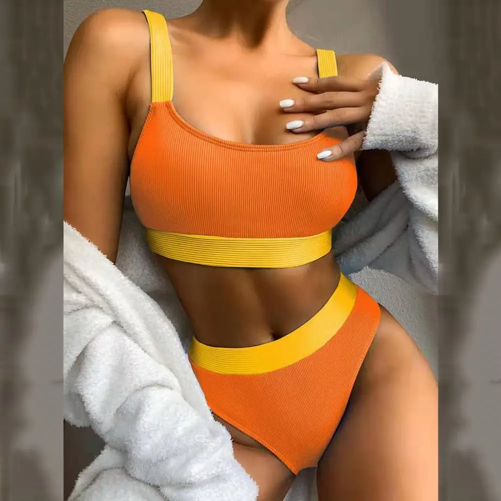

Fashion Swimwear Women Bathing Suit Padded Bra High Waist Briefs Color Block Ribbed Swimwear Bikini Set for Summer