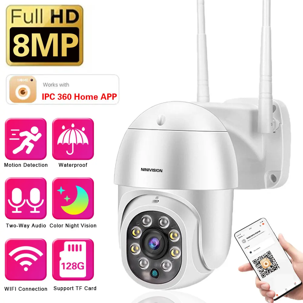 

8MP 4K PTZ WIFI IP Camera 2Audio CCTV Surveillance Outdoor Night Color Wireless Waterproof Security AI Human Detection 360 Home