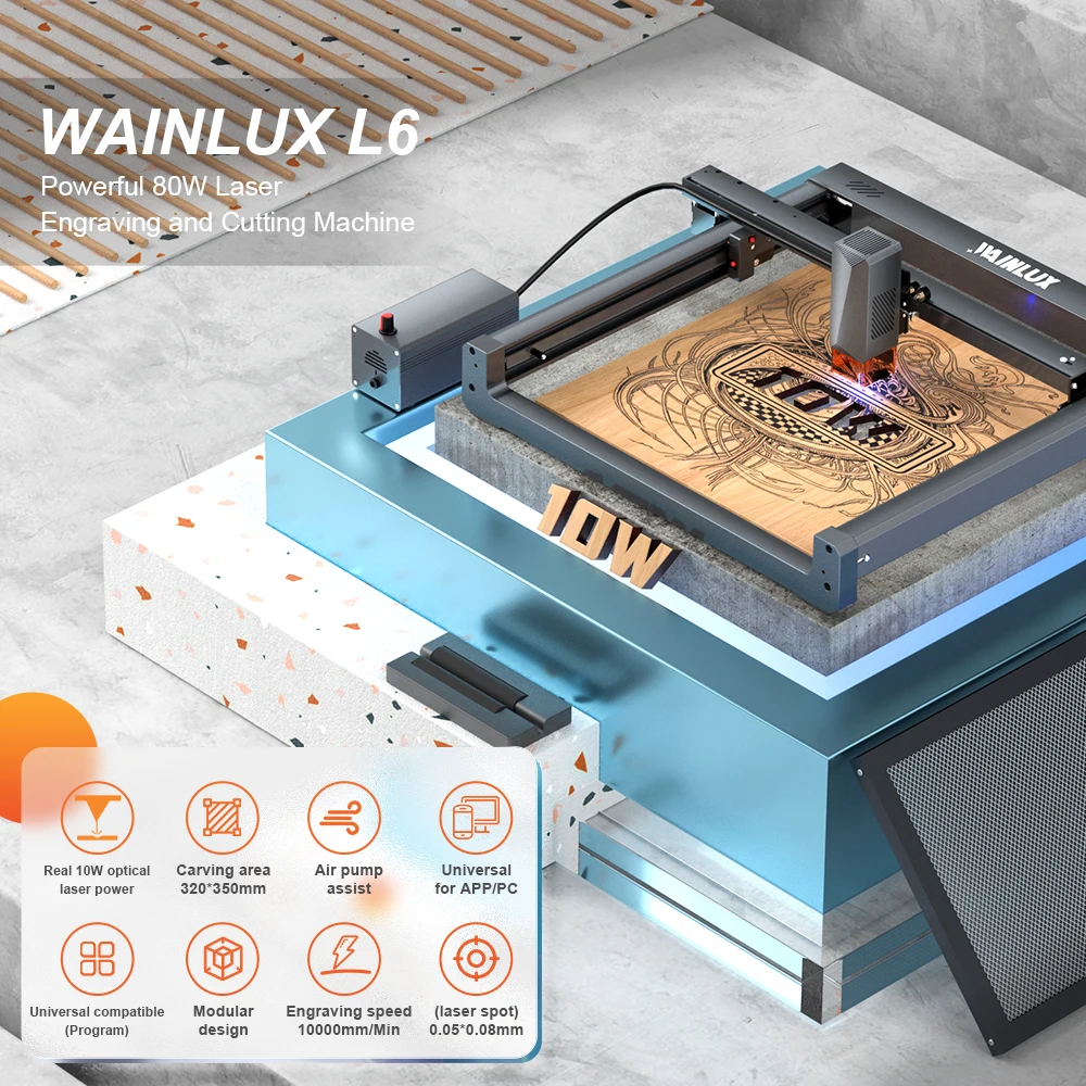 

WAINLUX L6 Portable Laser Engraving Machine With Air Assist Kits 80W Laser cutter engraver Printer For Acrylic/Foods/Wood DIY