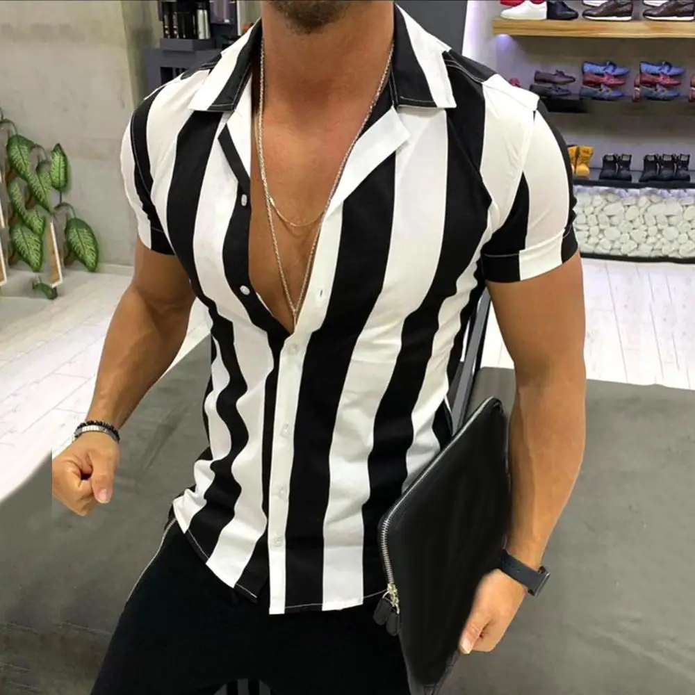 

Повседневная мужская рубашка на пуговицах, приталенная рубашка с короткими рукавами и отложным воротником в вертикальную полоску