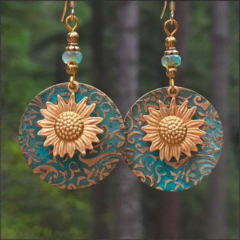 

Vintage Bohemian Color Separation Double Layer Sunflower Pattern Pendant Earrings Retro Fashion Earrings Jewelry Gift for Her