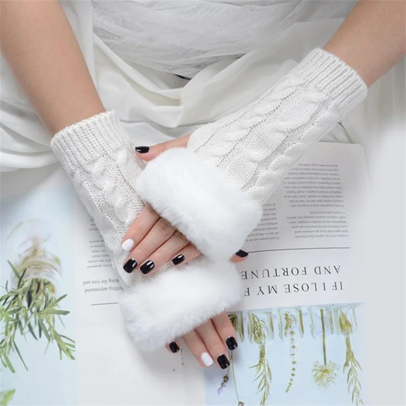 

Autumn Winter Solid Color Students Write Keep Warm Korean Knitting Lady Fingerless Protection Hand Hair Mouth Hemp Gloves Women