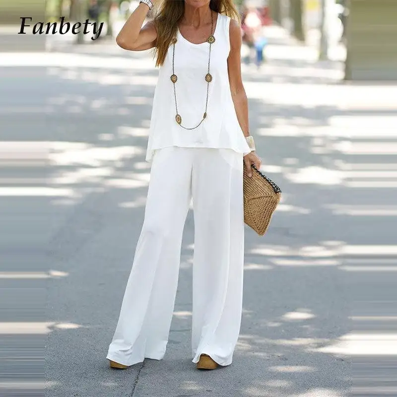

2022 Retro Solid Color Vest Tops+Long Pants Two Piece Set Summer O Neck Sleeveless Women Set Casual Ladies Wide Leg Pants Sets