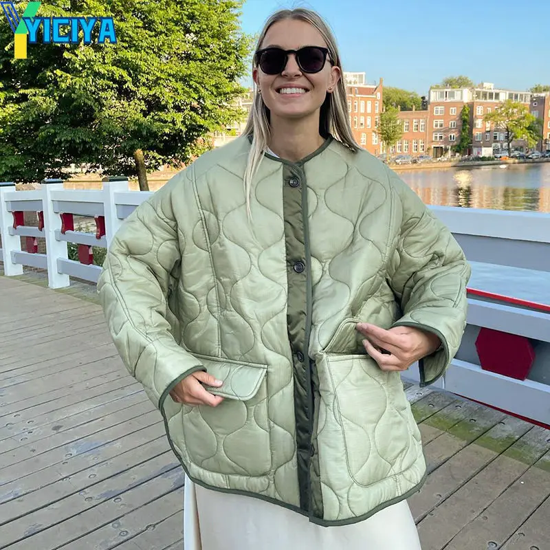 

YICIYA varsity down jacket Rhomboid lattice bomber women oversized baseball Jackets Windbreak new coats winter streetwear 2023