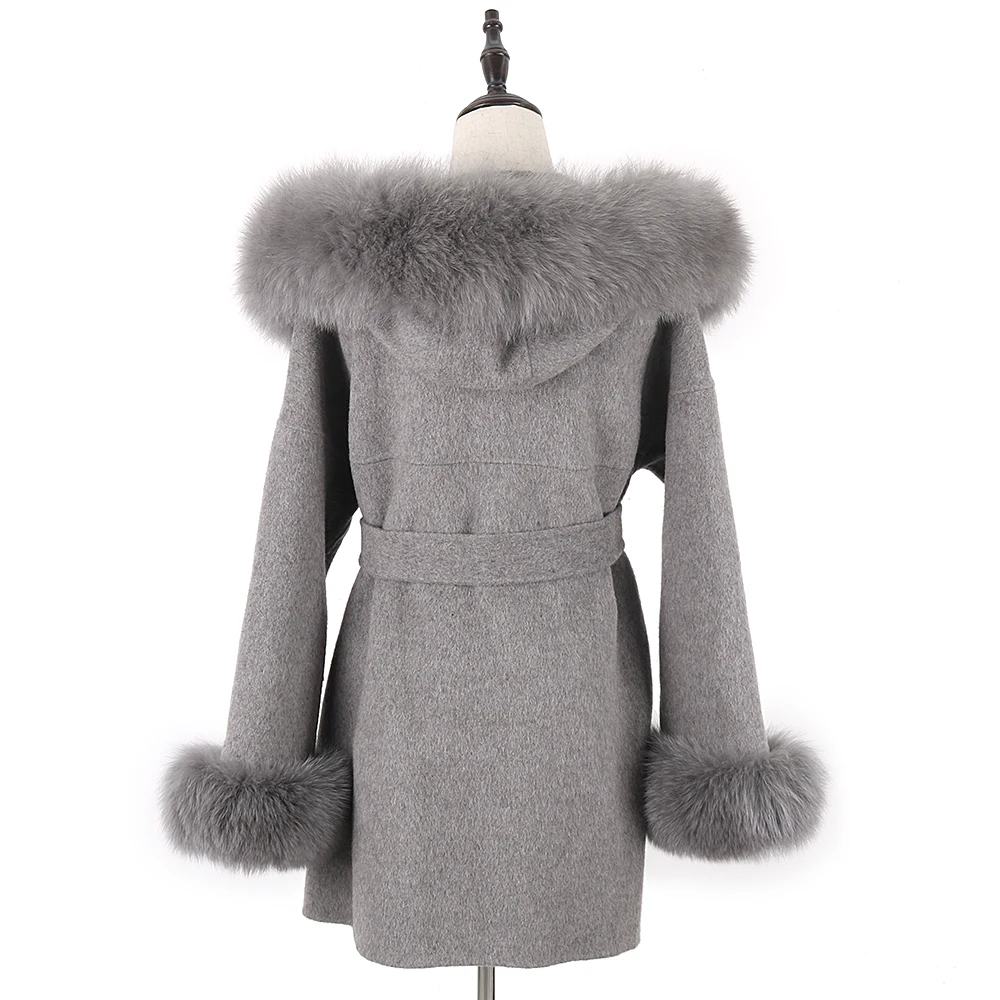 2022 Luxury Oversize Real Cashmere Blend Fur Coat Women Winter S-XXLSize Wool Hooded Cardigan Jacket With Natural Fox Fur Collar