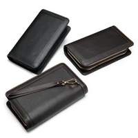 luxury brands genuine leather men handbag double zipper business long clutch black coffee wersatile card holder purse necessaire