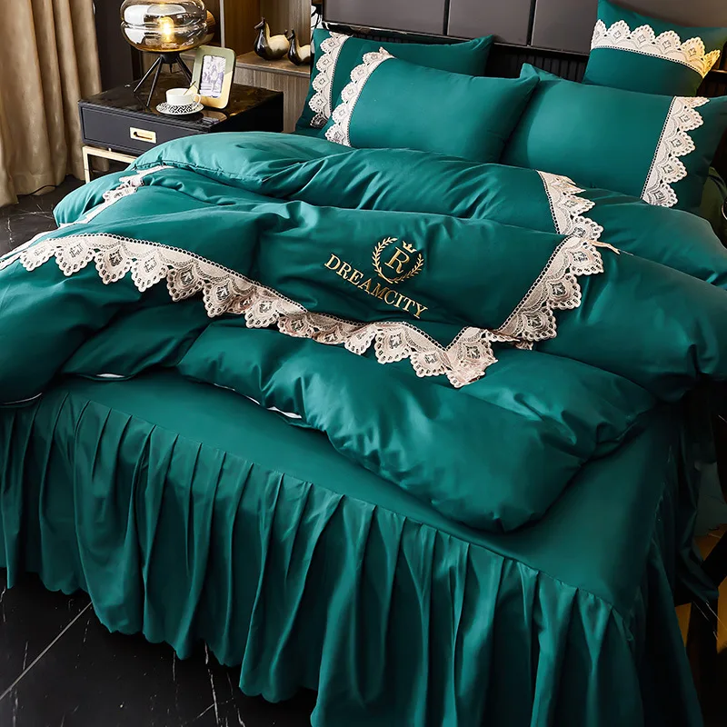 Four-piece Set Bed Skirt Type Princess Style Embroidery Quilting Bedding Set Luxury Lace Bedspread King Size Bedding Set