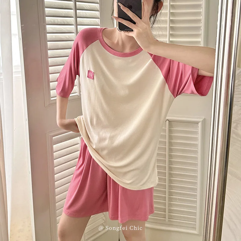 New Pajamas for Women's Summer Round Neck Short-sleeved Shorts Simple Comfortable and Soft Home Service Suit Can Be Worn Outside