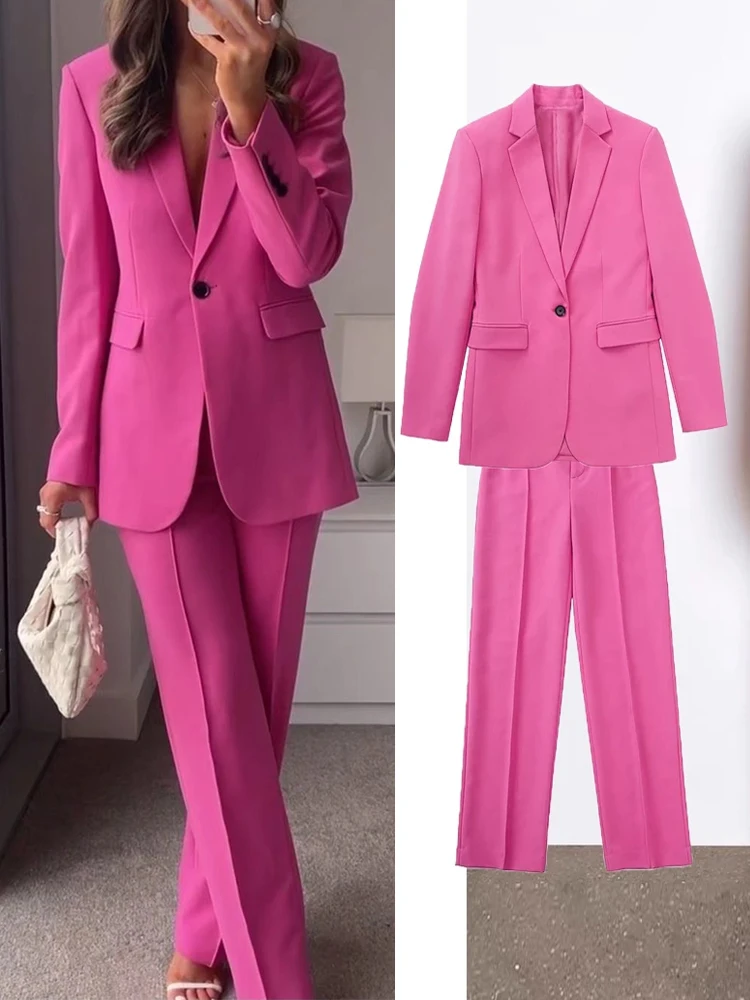 

2Pcs Women Solid Blazer Suit Sets 2022 Spring Autumn Office Lady Single Button Jacket+Long Pant Long Sleeve Notched Tops