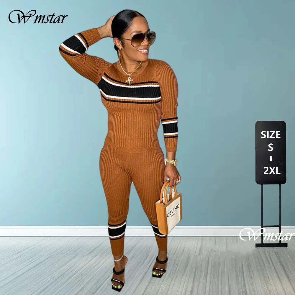 

Pants Sets Winter Clothes Women Knitted Ribbing Striped Round Neck Casual Two Piece Outfits Matching Suit Wholesale Dropshipping
