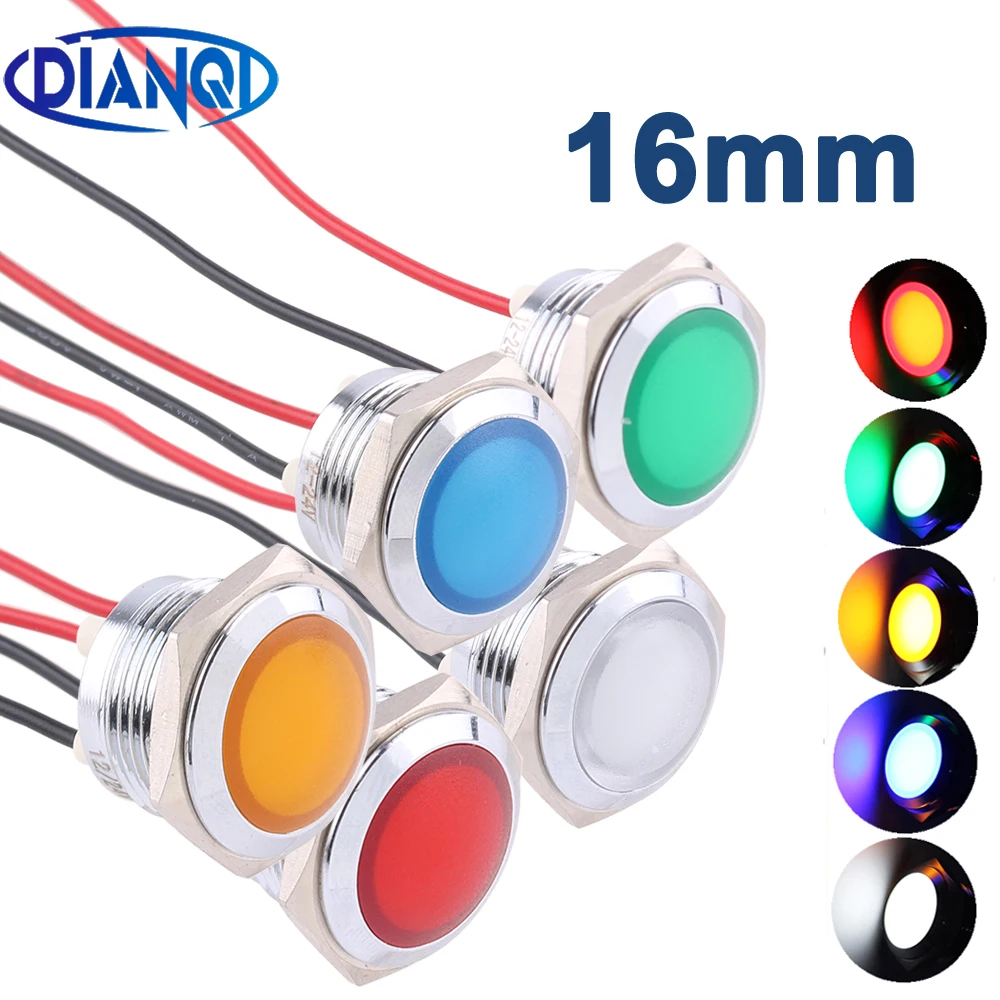 Indicateur lumineux LED en métal 16mm  Signal lumineux étanche 3V 6V 12V 24V 220v rouge jaune bleu