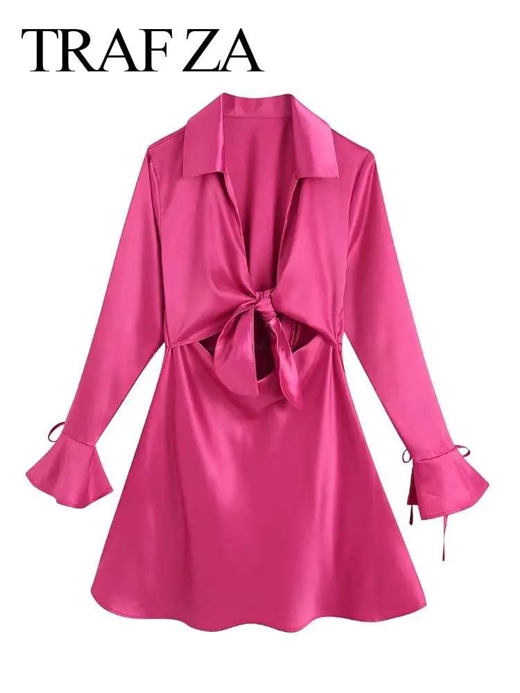 

TRAF ZA Fashion Women Dress Lapel V Neck Pullover Lace Up Sexy Solid Rose Red Long Sleeve Bell Cuff Party Street Mini Dress