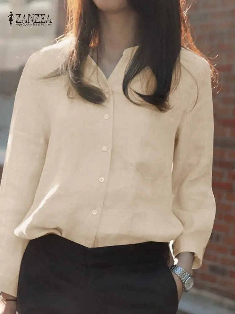

Elegant Long Sleeve Shirt Women Autumn Fashion Blouse ZANZEA V Neck Button Blusas Casual Femme Work Tops Oversize Cotton Chemise