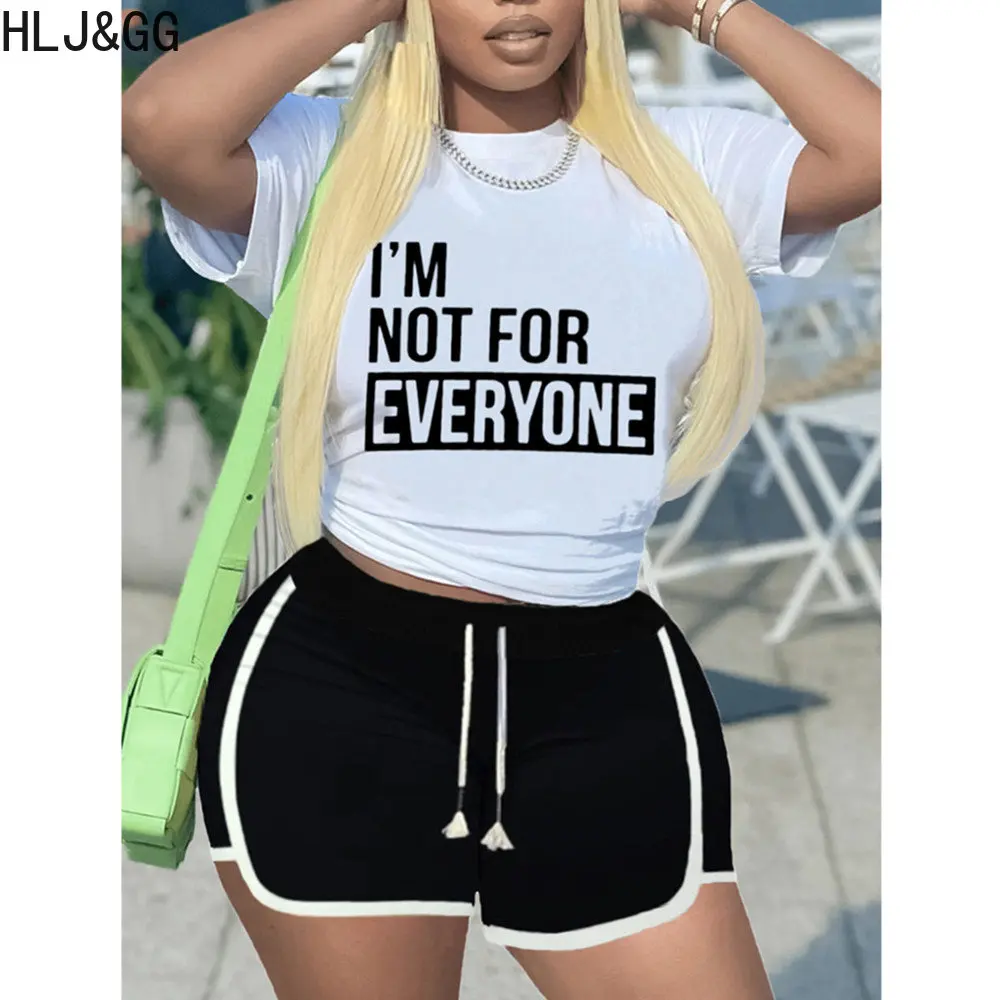 

HLJ&GG Summer Letter Printing Two Piece Sets Women Round Neck Short Sleeve Tshirt + Shorts Tracksuits Casual Sporty 2pcs Outfits
